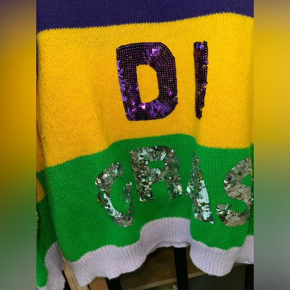 Mardi Gras sequins sweater knit crewneck embroidered pullover sweatshirt top QOS - Picture 11 of 12